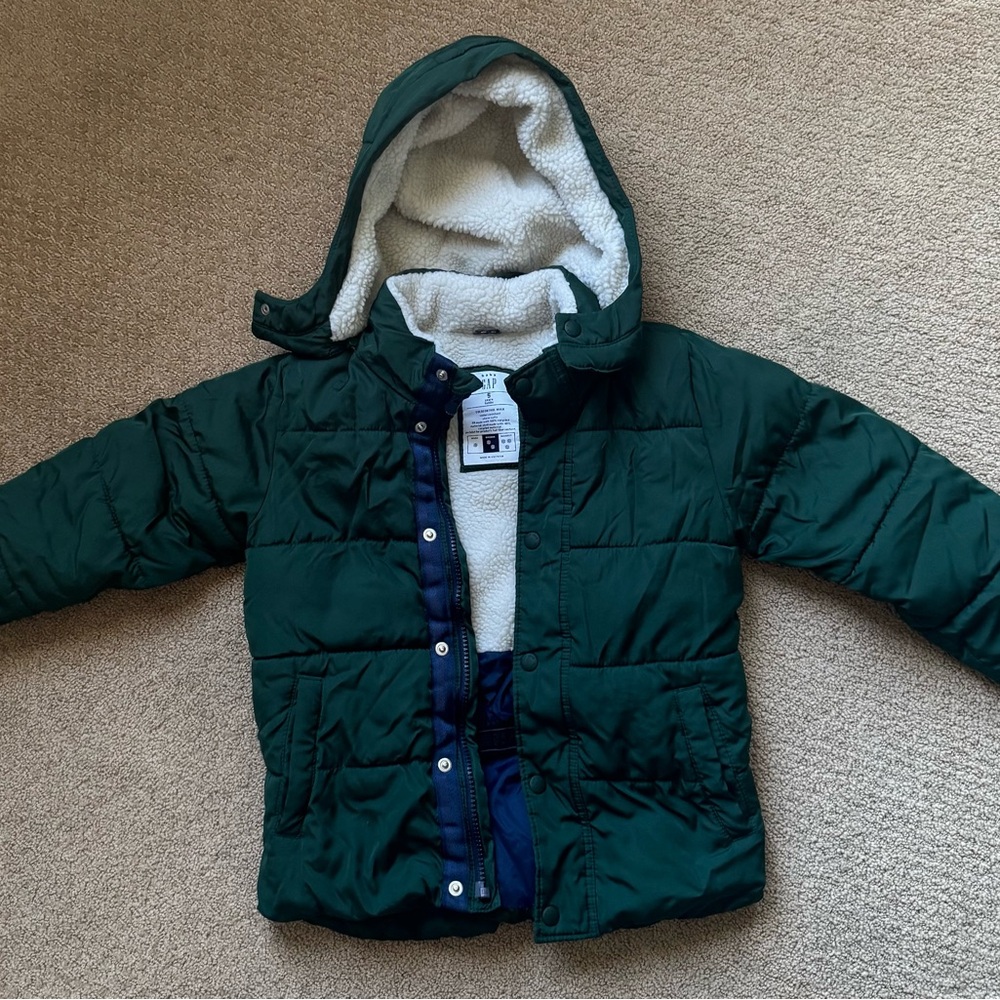 Green Hooded Puffer Jacket with Sherpa Lining